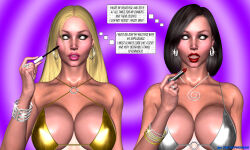  3d bikini black_hair blonde_hair bracelet breasts cleavage collarbone dialogue earrings expressionless female_only femsub huge_breasts hypnoman jewelry long_hair looking_at_viewer milf necklace open_mouth original pink_lipstick ring sandra_(hypnoman) short_hair tatiana_ivanova text white_eyes 
