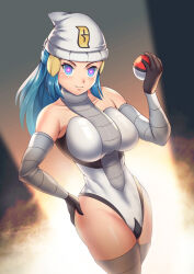 alternate_costume blue_eyes blue_hair breasts corruption dawn enemy_conversion female_only femsub gloves glowing glowing_eyes hadant happy_trance hat large_breasts leotard long_hair looking_at_viewer nintendo opera_gloves pokeball pokemon pokemon_diamond_pearl_and_platinum smile solo team_galactic thighhighs