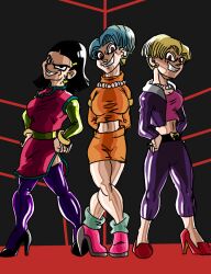 alien android_18 baby_(dragon_ball) black_hair blonde_hair blue_hair breasts bulma_briefs chichi cleavage corruption dragon_ball dragon_ball_gt earrings evil_smile female_only femsub happy_trance high_heels jewelry large_breasts latex possession red_eyes short_hair smile wetpoolnoodle