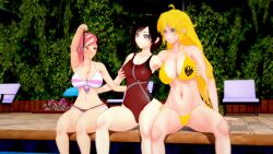  black_hair blonde_hair femdom femsub happy_trance large_breasts multicolored_hair neopolitan pendulum ruby_rose rwby sisters spiral_eyes spiralwash_eyes swimsuit takazumishan yang_xiao_long 