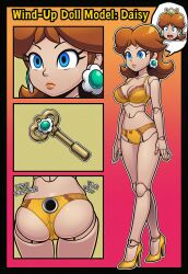  ai_art aware bra brown_hair cameltoe comic crown doll doll_joints dollification earrings empty_eyes english_text expressionless femsub hellsing002_(generator) high_heels nail_polish nintendo panties princess_daisy scared speech_bubble super_mario_bros. surprised transformation trapped wind-up_key 