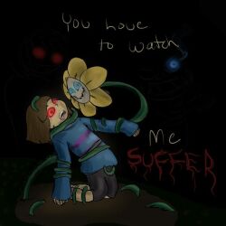 brown_hair chara_(undertale) dialogue drool flowey_(undertale) frisk_(undertale) hypnotic_eyes hypnotic_plant kaa_eyes maledom nightmare_fuel open_mouth plant sans_(undertale) short_hair spiral_eyes symbol_in_eyes tentacles text undertale