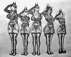 boots cleavage cleavage_cutout dogboy_187 empty_eyes expressionless greyscale jocelyn_(dogboy187) latina leotard long_hair maria_(dogboy187) michaela_(dogboy187) milena_(dogboy187) milf military_hat military_uniform mutt_(dogboy187) original size_difference spanish spiral_eyes standing_at_attention thigh_boots thunderdolls_(mayor) traditional unaware underboob yumi_(dogboy187)