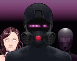  ball_gag barcode black_background blow-up_doll bodysuit brown_hair collar control_inc drone expressionless female_only femsub gag gas_mask gradient_background kayumi long_hair mask multiple_girls purple_background rubber simple_background tech_control text video_game visor whitewash_eyes 