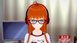  3d female_only femsub futaba_sakura game_cg glasses headphones long_hair looking_at_viewer maledom persona_(series) persona_5 qqkun red_hair spiral_eyes 
