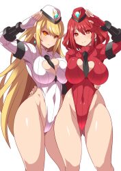 absurdres blonde_hair breasts capcom cleavage earrings female_only femsub fingerless_gloves gloves happy_trance hat heart heart_eyes icontrol_(manipper) jewelry konno_tohiro large_breasts latex leotard long_hair looking_at_viewer manip multiple_girls multiple_subs mythra_(xenoblade) nintendo pyra_(xenoblade) red_eyes red_hair saluting shadaloo_dolls short_hair sisters smile standing street_fighter symbol_in_eyes symmetrical_docking tie xenoblade_chronicles xenoblade_chronicles_2 yellow_eyes