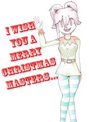  absurdres alternate_costume christmas disguised_hypnotist femsub happy_trance melody_(disguised_hypnotist) open_mouth original pink_hair short_hair skirt text traditional twintails 