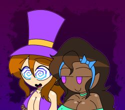 a_hat_in_time aged_up alternate_costume bare_shoulders blue_eyes bow bow_kid breast_grab brown_hair choker cleavage collarbone dark_skin drool eyebrows_visible_through_hair eyelashes female_only femdom femsub happy_trance hat_adult headband hypnoscream large_breasts long_hair open_clothes open_mouth ponytail purple_eyes shiny_hair shiny_skin simple_background smile smug spiralwash_eyes top_hat vest yuri