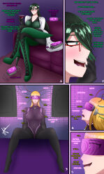  blonde_hair bodysuit cables clothed collar comic control_indicator corruption domestication dominatrix drool empty_eyes eyes_held_open femdom femsub green_eyes green_hair headphones helmet hypnotic_screen latex leotard mrs._mia_(starlink) noa_taylor_(starlink) original pantyhose smile spiral_eyes starlink suit tech_control text thighhighs thighs trapped uniform visor 