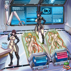  black_hair bodysuit brown_hair capcom computer glowing_eyes juri_han long_hair mind_break monitor multiple_girls nude orange_hair oxygen_mask scientist sex_machine stasis_tank street_fighter tech_control tubes underwater water 