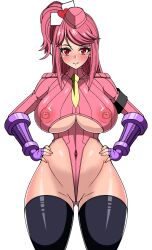  arm_bands blush breasts capcom cleavage_cutout clothed_exposure cosplay erect_nipples erect_nipples_under_clothes female_only femsub fingerless_gloves frozen_gingasan gloves gunslinger_stratos hair_ornament hand_on_hip hat high_heels kyoka_katagiri leotard long_hair looking_at_viewer pink_hair ponytail red_eyes shadaloo_dolls shoulder_pads simple_background smile solo standing street_fighter thighhighs tie tie_in_cleavage underboob white_background 