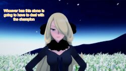 aware blonde_hair clothed cynthia dialogue english_text female_only grey_eyes hair_covering_one_eye mustardsauce pokemon pokemon_(anime) solo text