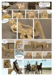 animal_transformation blonde_hair bottomless breasts brown_hair closed_eyes comic femsub fursystem hooves horse horse_girl long_hair maledom non-human_feet nude open_mouth original saddle short_hair sitting text topless transformation