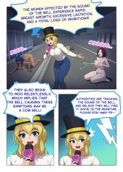  blonde_hair blue_hair breast_expansion breast_grab changer_(character) chien_vietnam comic dialogue femsub green_eyes hucow hypnotic_audio kneeling lactation milk milking multiple_girls multiple_subs nude original purple_hair text whitewash_eyes 