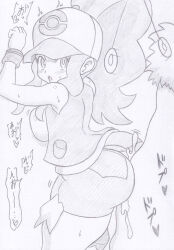 anal banshou blush breast_press clothed_sex cum drool femsub greyscale hat heart hilda hypno japanese_text long_hair maledom monochrome nintendo pendulum pokemon pokemon_black_and_white ponytail sex shorts sweat text torn_clothes traditional translation_request