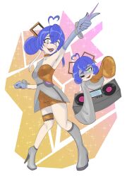  ahoge alternate_costume alternate_hairstyle assimilation blue_hair clothed femsub gloves green_eyes happy_trance high_heels kewl_tune_cue lipstick looking_at_viewer makeup mime-control one_eye_open purification smile sparkle spiralwash_eyes tagme wink yu-gi-oh! 