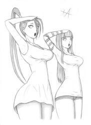  arm_warmers bangs bare_legs capcom crossover dress empty_eyes futaba_sakura greyscale iashmoreart ibuki long_hair monochrome open_mouth persona_(series) persona_5 ponytail saluting shirt shorts signature standing standing_at_attention street_fighter 