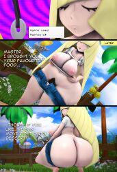  3d alternate_costume ass bare_legs blonde_hair breasts comic female_only happy_trance heart heart_eyes huge_ass hypno jean_shorts large_breasts legs looking_at_viewer lusamine milf nintendo oshiri_studios pendulum pokemon pokemon_sun_and_moon pov pov_dom short_shorts smile symbol_in_eyes text thick_thighs topless very_long_hair 