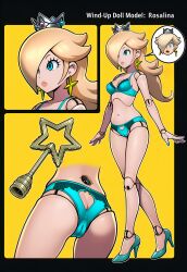 absurdres ai_art ass bed blonde_hair blue_eyes border bra cameltoe comic crown doll doll_joints dollification earrings empty_eyes english_text expressionless femsub hellsing002_(generator) high_heels jewelry midriff nail_polish navel nintendo panties princess_rosalina simple_background sparkle speech_bubble super_mario_bros. super_mario_galaxy surprised text transformation trapped underwear wind-up_key yellow_background