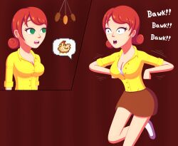  absurdres bra breasts chicken_pose cleavage drool female_only femsub hypno_apophis open_mouth pendulum penny_(stardew_valley) pet_play red_hair skirt spiral_eyes stardew_valley symbol_in_eyes text underwear 