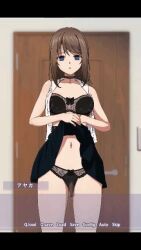  animated ayaka_(tak) bare_shoulders belted_skirt blue_eyes bra brown_hair choker cleavage collarbone comic dialogue expressionless female_only femsub japanese_text lingerie milf navel netorare open_mouth original sex_toy short_hair skirt skirt_lift solo tak text translation_request unaware vibrator video 