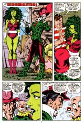  breasts circus clown comic dazed empty_eyes expressionless femsub green_hair green_skin large_breasts long_hair maledom marvel_comics official open_mouth ringmaster she-hulk standing standing_at_attention super_hero text western 