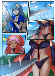 blood blue_hair blue_skin blush breasts cleavage comic female_only femdom femsub heterochromia kimujo_world large_breasts long_hair midriff monster_girl open_mouth original pink_hair tears tentacles twintails weapon wounds