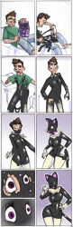  before_and_after blackshirtboy bodysuit breast_expansion breasts brown_eyes brown_hair cat_ears cat_girl comic furry gloves hypnotic_accessory latex original pink_eyes symbiote transformation transgender 