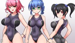  ass before_and_after black_hair blue_hair blush braid breasts collarbone female_only glasses gradient_background kedamaton_ large_breasts looking_at_viewer multiple_girls original red_eyes red_hair short_hair simple_background smile standing swimsuit twintails watermark white_background yellow_eyes 