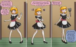 accidental_hypnosis before_and_after blonde_hair brain_injection clothed dialogue english_text feather_duster female_only female_pov femsub gloves happy_trance headphones high_heels hypnotic_accessory latex leggings mahou_tsukai_precure maid maid_headdress mirai_asahina mythkaz precure purple_eyes riko_izayoi spiral_eyes tech_control text uniform