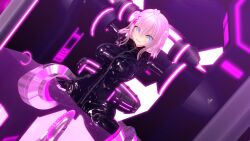 3d absurdres ahoge angry bangs blue_eyes bodysuit bondage crotch_rub custom_maid_3d_2 erra female_only femsub glowing hair_buns hair_ornament latex original pink_hair restrained rubber short_hair solo spread_legs sweat tech_control tight_clothing zipper
