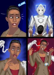  adeola_oshodi_(doctor_who) black_eyes black_hair bluebullpen brain_injection business_suit comic cyberman_(doctor_who) dark_skin doctor_who_(series) femsub grey_eyes hair_buns necklace office_lady resisting tech_control text western 