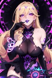  absurdres ai_art alternate_costume bare_shoulders blonde_hair breasts cleavage corruption dress durandal earrings femsub finger_to_mouth gloves glowing glowing_eyes honkai_impact_3rd large_breasts long_hair makeup necklace night opera_gloves pink_eyes purple_eyes seductive_smile skirt smile spiral standing tight_clothing video_game xftriber 
