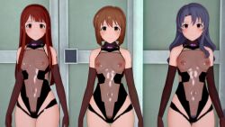  3d bare_shoulders blue_hair blush bottomless brown_hair clothed_exposure collar empty_eyes expressionless female_only femsub fishnets gloves koikatsu! leotard long_hair looking_at_viewer multiple_girls multiple_subs navel nipples opera_gloves orange_eyes pubic_hair qr_code red_hair see-through short_hair standing standing_at_attention tattoo tech_control wwww. yellow_eyes 