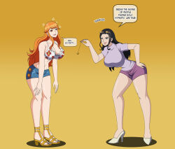 black_hair dialogue dlobo777 empty_eyes femdom femsub happy_trance large_breasts long_hair nami_(one_piece) nico_robin one_piece orange_hair text