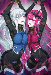 alternate_costume arms_above_head aura baobhan_sith_(fate) blush bodysuit bondage breast_press breasts drool elf_ears eye_color_change fate/grand_order fate_(series) female_only femsub grey_hair long_hair looking_at_viewer morgan_le_fey_(fate) mother_and_daughter pink_eyes red_hair restrained ribimura tight_clothing