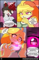  absurdres animal_crossing artifact_the_fox blonde_hair breasts cheating clothed collar comic control_collar corruption crossed_arms dialogue dog_girl dress_shirt eyelashes femsub fox_boy furry glowhorn glowing glowing_eyes hair_ribbon hand_on_head heart heart_eyes isabelle_(animal_crossing) large_breasts magic maledom netorare nintendo orange_eyes original pink_eyes ponytail red_hair scared sharp_teeth shirt simple_background smile smug speech_bubble sweat tongue white_hair 