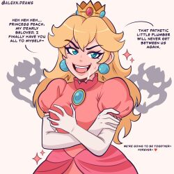 alexndraws blonde_hair blush bowser breast_fondling corruption crown dialogue drool earrings english_text evil_smile femsub happy_trance heart holding_breasts jewelry long_hair looking_at_viewer maledom nintendo possession princess princess_peach queen royalty simple_background smile sparkle super_mario_bros. text white_background