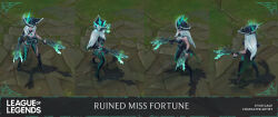  3d alternate_costume bare_shoulders body_markings breasts celine_p clothed control_indicator corruption costume english_text eye_color_change femsub green_eyes gun hair_color_change hat high_heels isabella_cheng-henehan kylie_gage league_of_legends long_hair maledom miss_fortune_(league_of_legends) multiple_views official pirate possession reference_sheet rheekyo_l ruination text viego_(league_of_legends) weapon white_hair 
