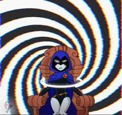 cape chair cloak dc_comics demon_girl female_only femsub gnight666 grey_skin leotard mad_mod raven spiral spiral_background spiral_eyes super_hero symbol_in_eyes teen_titans