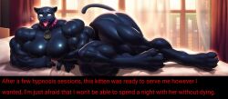  ai_art bed bedroom collar dark_skin femsub furry muscle_girl panther_girl text white_eyes 