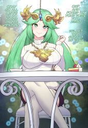 blush crossed_legs english_text eshie femsub green_eyes green_hair jewelry kid_icarus large_breasts nintendo outdoors palutena sitting smile table text very_long_hair