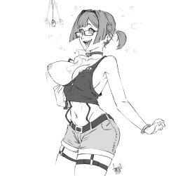 bracelet breasts coin drool earrings empty_eyes exposed_chest female_only femsub garter_belt girls_frontline glasses gmun greyscale grizzly_(girls_frontline) happy_trance jean_shorts jeans jewelry large_breasts midriff monochrome navel necklace open_mouth pendulum ponytail shorts smile solo tank_top tongue undressing 