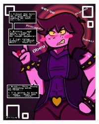 blush comic deltarune dialogue erect_nipples_under_clothes furry kilroylucy18 lizard_girl long_hair purple_skin resisting sharp_teeth subliminal susie_(deltarune) yellow_eyes 