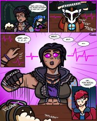  accidental_hypnosis amara_(borderlands) arcane borderlands_(series) clothed comic crossover dialogue expressionless jinx_(league_of_legends) kilroylucy18 sitting tan_skin tattoo text vi_(league_of_legends) western 