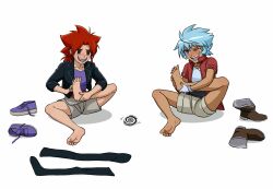 bakuten_shoot_beyblade barefoot beyblade_(series) blue_hair blush boots clothed drool empty_eyes feet female_only femsub flat_chest grey_eyes hikaru_hasama laughing long_hair metal_fight_beyblade multiple_girls purple_eyes red_hair salima_(beyblade) shoes short_hair simple_background spiral sweat tears thighhighs tickling undressing victory-san white_background