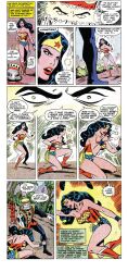  bare_legs bare_shoulders black_hair boots bracers breasts collarbone comic corset crown dazed dc_comics defeated dialogue earrings femsub glowing_eyes hat high_heels hypnotic_eyes justice_league_(series) kneeling lipstick lying maledom official royal_flush_gang text western white_hair white_skin wonder_woman 