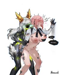 abscord against_wall breast_grab breasts breasts_outside corruption faceless femsub futanari gloves horns hoshimi_miyabi long_hair nipples open_mouth pink_hair shirt shirt_lift short_hair speech_bubble tsukishiro_yanagi white_hair zenless_zone_zero