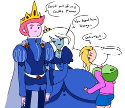 adventure_time alternate_costume blonde_hair blush corruption crown femdom fionna_the_human genderswap hypnotic_accessory ice_queen jewelry long_hair malesub pink_hair prince_gumball short_hair text vanillycake white_hair