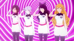 bare_shoulders black_hair blake_belladonna blonde_hair empty_eyes femsub koikatsu! long_hair midriff multiple_girls multiple_subs navel ruby_rose rwby saluting short_hair spiral_background standing standing_at_attention surrisaki team_hypno thighhighs weiss_schnee white_hair yang_xiao_long